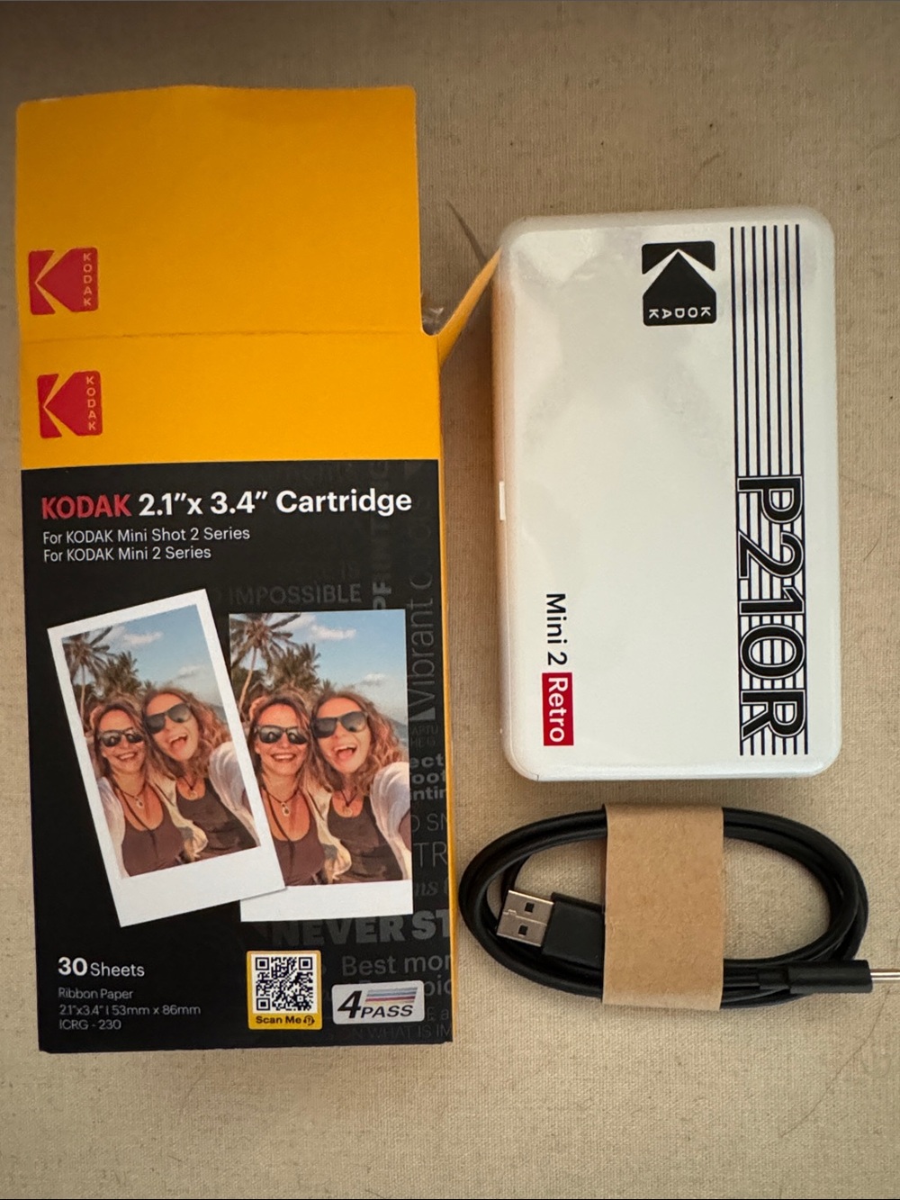 Kodak Mini 2 Retro PZ10R Portable Instant Printer - White & Yellow Box